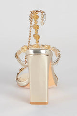 Uncovered Gemstone Metallic Block Heels