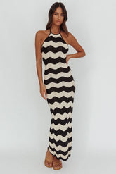 Yelena Halter Neck Knit Maxi Dress Zig-Zag Cream
