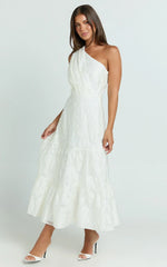 Nadette Midi Dress One Shoulder Pleated Tiered Dress in White
