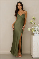 The Sophia Satin Maxi Dress Olive
