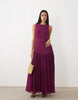 Lace & Beads Chiffon High Neck Sleeveless Drop Pleat Waist Maxi Dress In Fig