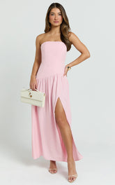 Nadiane Midi Dress - Strapless Asymmetric Drop Waist Dress in Pink