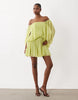 Blouson Mini Dress With Split Sleeve And Volume Godet Skirt In Chartreuse