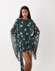 Spot Printed Mesh Tie Side Mini Dress With Extreme Sleeve In Teal
