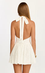 Lyra Mini Dress - Broderie Halter Neck Tie Drop V Waist Dress in White