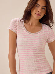 Shivani Striped Lace Trim Tee