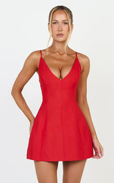 Sheeran Mini Dress - Plunge A Line Dress in Red