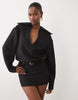 Noughts & Kisses Plunge Neck Collared Balloon Sleeve Gold Belted Mini Dress In Black