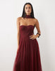 Lace & Beads Tulle Bandeau Scarf Neck Corset Maxi Dress In Burgundy