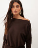 Slash Neck Long Sleeve Blouson Midi Dress In Chocolate