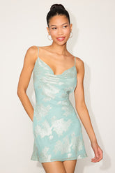 Elekta Mint Blue Floral Jacquard Cowl Mini Dress