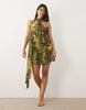 Printed Abstract Mesh One Shoulder Scarf Detail Blouson Mini Dress In Multi