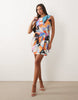 Plisse Sleeveless Wrap Tie Front Mini Dress In Tropical Print