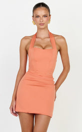 Karina Mini Dress - Halter Neck Princess Panel Tucked Waist Dress in Coral