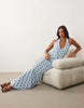 Printed Mesh Halter Maxi Dress With Draped Sash Detail In Blue Polka Dot
