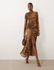 Bardot Mesh High Neck Long Sleeve Ruched Waist High Split Maxi Dress In Tiger Print