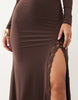 Maxi High Neck Slinky Dress With Lace Trim Open Back Detail In Chocolate