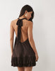 Plisse Halter Neck Mini Dress With Ruffle Hem In Chocolate