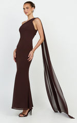 Carmilla Maxi Dress - One Shoulder Scarf Dress in Chocolate