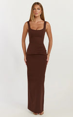 Stormi Maxi Dress - Balconette Bodice Side Split Dress in Chocolate