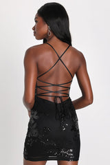 Valhalla Black Mesh Sequin Lace-Up Mini Dress