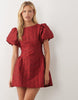 Sister Jane Bilberry Exclusive Jacquard Round Neck Puff Sleeve Mini Dress In Deep Red