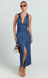 Olga Midi Dress - Denim Collared Button Down Bodycon Dress in Mid Blue Wash