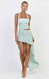 Ocean Maxi Dress - Halter Neck Floral Trim Ruffle Cutaway Skirt Dress in Mint
