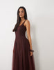 Lace & Beads Tulle Drop Hem Corset Maxi Gown In Chocolate