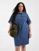 Vero Moda Curve Short Sleeve Button Front Denim Mini Dress In Medium Blue Wash
