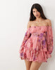 Double Layer Off Shoulder Godet Mini Dress In Pink Floral