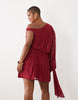Curve Mesh Asymmetric Extreme One Sleeve Mini Dress In Berry