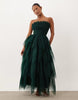 Lace & Beads Petite Tulle Bandeau Tiered Maxi Dress In Emerald