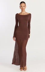 Delphine Maxi Dress - Long Sleeve Knit Sheer Pleated Skirt Maxi Dress in Chocolate