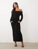 Pretty Lavish Knitted Bardot Tie Detail Maxi Dress In Black