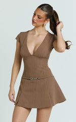 Steph Mini Dress - V Neck Cap Sleeve Pleat Skirt Dress in Chocolate