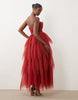 Lace & Beads Tulle Bandeau Tiered Maxi Dress In Red