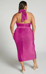 Marlette Midi Dress - Pleated Open Back Halter Dress in Grape