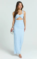 Selene Maxi Dress - Lace Front Twist Cut Out Bodycon Dress in Baby Blue