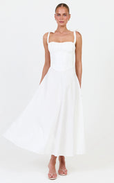 Vionette Midi Dress - Tie Shoulder Ruched Bust Corset Dress in White