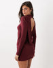 Bodycon Shoulder Mini Slinky Dress With Draped Back Detail In Burgundy