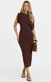 Nalfie Midi Dress - Tipped Shoulder Jersey Drape Dress in Chocolate