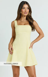 Adiana Mini Dress - Linen Square Neck Shirred Back A Line Dress in Lemon