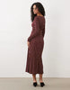 Mango Plisse V Neck Long Sleeve Midi Dress In Maroon Polka Dot Print
