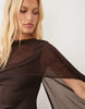 Mini Dress With Sheer Cape Shoulder In Chocolate Scuba-Style Fabric