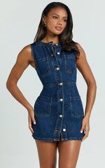 Stephanie Mini Dress - Scoop Neck Pocket Detail Recycled Denim Dress in Indigo Wash