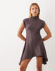 High Neck Mini Dress With Hanky Hem In Chocolate Brown