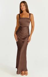 Rumi Midi Dress - Ruched Bodice Satin Dress in Chocolate