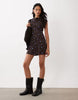 High Neck Mini Dress In Chocolate & Blue Spot