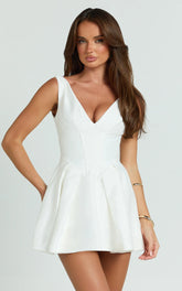 Yara Mini Dress - Plunge Corset Front V Waist Fit And Flare Dress in White